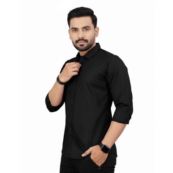 Men's Solid Black Poly Blend Shirt | Regular Fit Long Sleeves