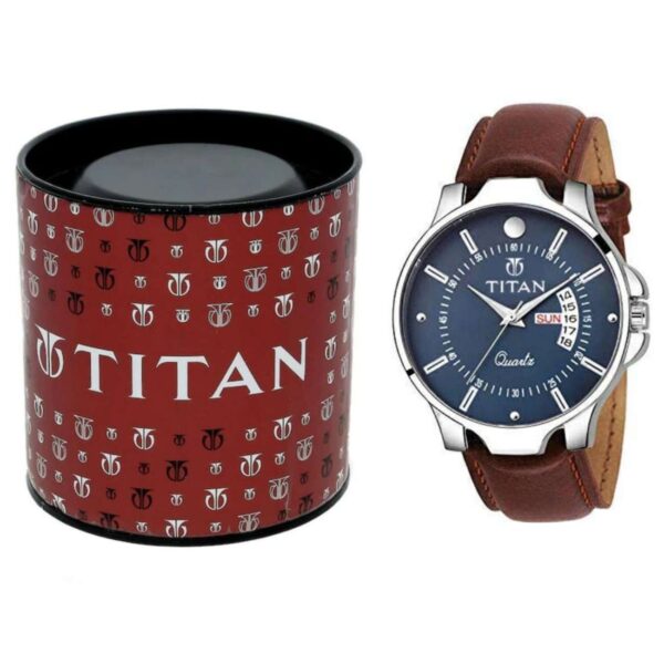Titan Blue Dial Leather Analog Watch | Stainless Steel Case & Date